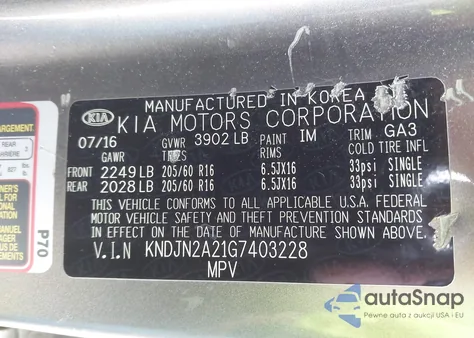 2016 Kia Soul из США, поврежденный, VIN KNDJN2A21G7403228